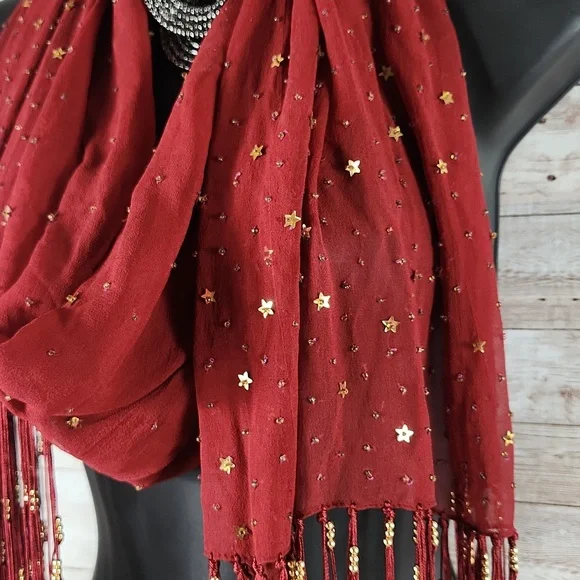 Fashion Scarf, Red with gold hardware and fringes, 70" long. - Picture 4 of 6